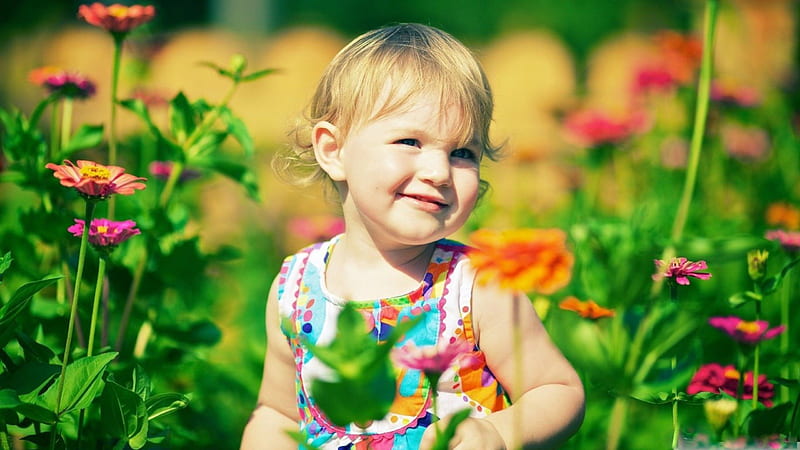 Cute Baby Girl Is Wearing Printed Flower Frock Standing In The Middle Flowers Field Cute, HD wallpaper