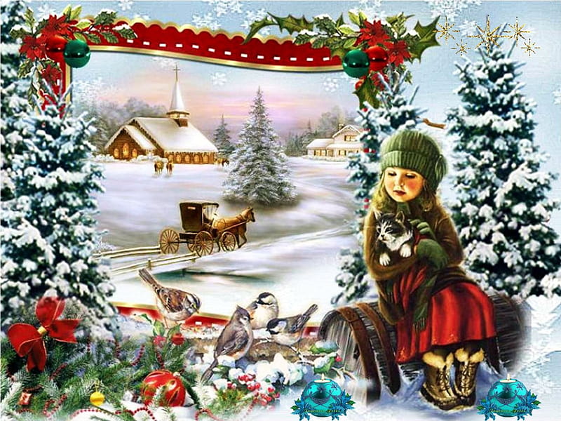 Waiting for Christmas, house, girl, snow, decoration, birds, church, coach, winter, HD wallpaper