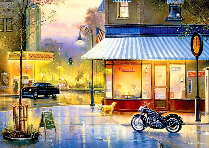 American classic, shop, movie, bonito, car, painting, village, bike, america, evening, classic, light, street, dog, art, town, cinema, market, restaurant, rain, reflections, HD wallpaper