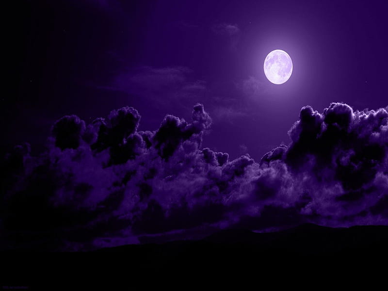 NIGHT IN PURPLE, moon, purple, clouds, sky, night, HD wallpaper
