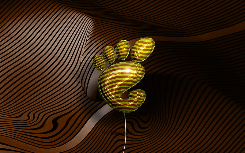 Gnome 3D logo Linux, golden realistic balloons, OS, Gnome logo, brown wavy backgrounds, Gnome, HD wallpaper