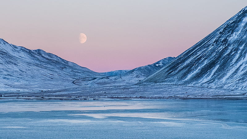 For Computer Snow Covered Mountain With Under Lake With Half Moon Background, HD wallpaper