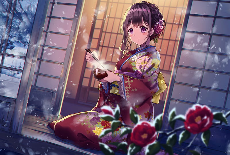 Anime girl, kimono, sit, snow, ramen, flowers, winter, Anime, HD wallpaper  | Peakpx