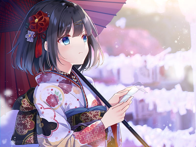 anime girl, short black hair, kimono, blue eyes, umbrella, snowflakes, Anime, HD wallpaper