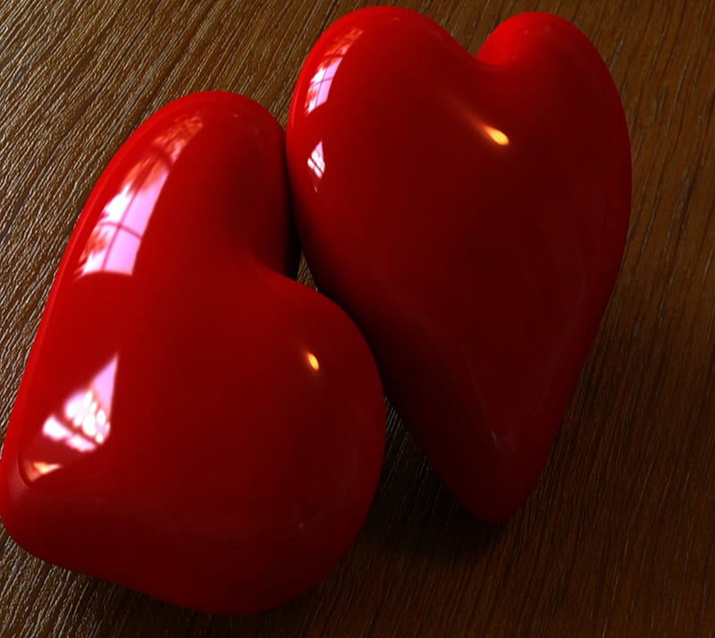 3D Hearts, abstract, red, two, HD wallpaper