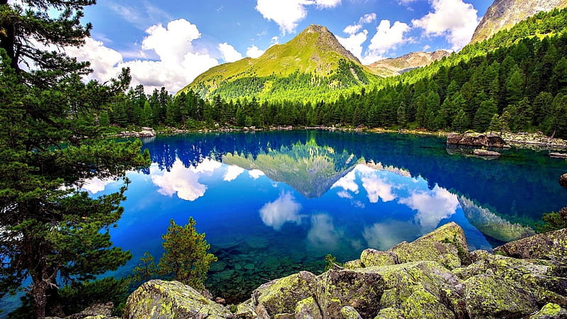 wonderful reflection lake landscape, rocks, mountains, forests, reflections, clouds, lake, HD wallpaper