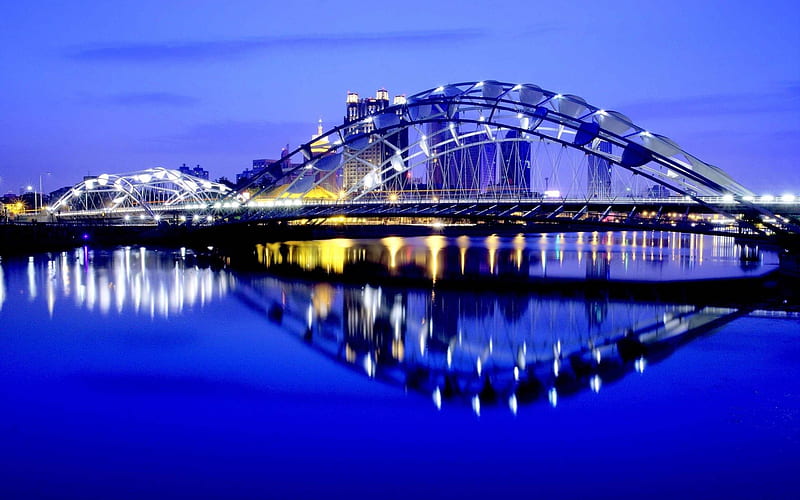 modern bridge above blue waters, modern, city, bridge, river, blue, HD wallpaper