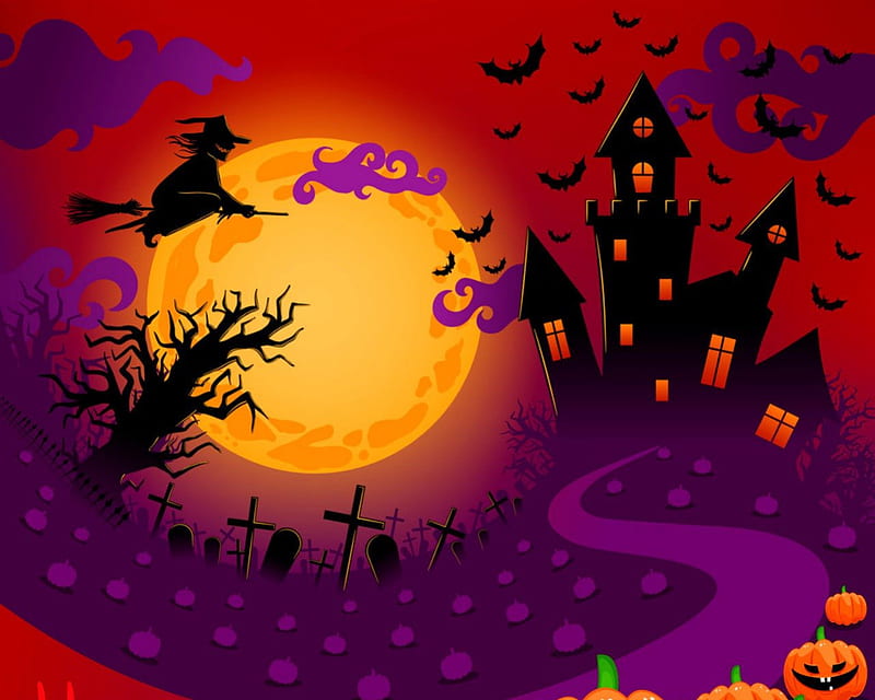 Halloween night, witch, moon, bats, halloween, pumpkin, castle, vector, HD wallpaper