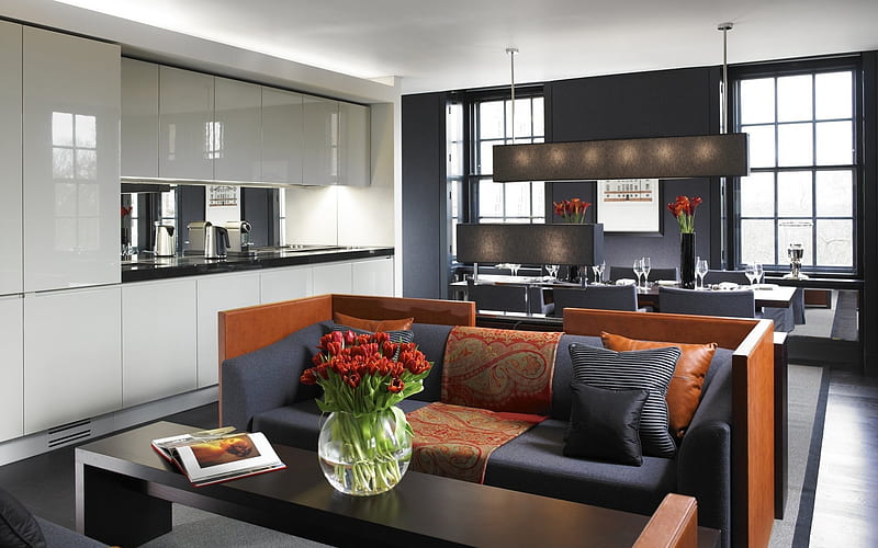 stylish luxurious interior dining room, modern interior design, living room, gray white style, HD wallpaper