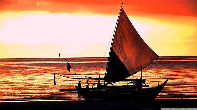 boat on pasir putih beach in bali, beach, fire, sunset, boat, HD wallpaper