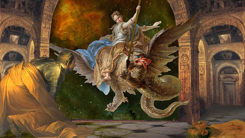 Enter the dragon, fantasy, sf gheorghe, painting, man, st george, dragon, vikki truver, art, funny, pictura, HD wallpaper