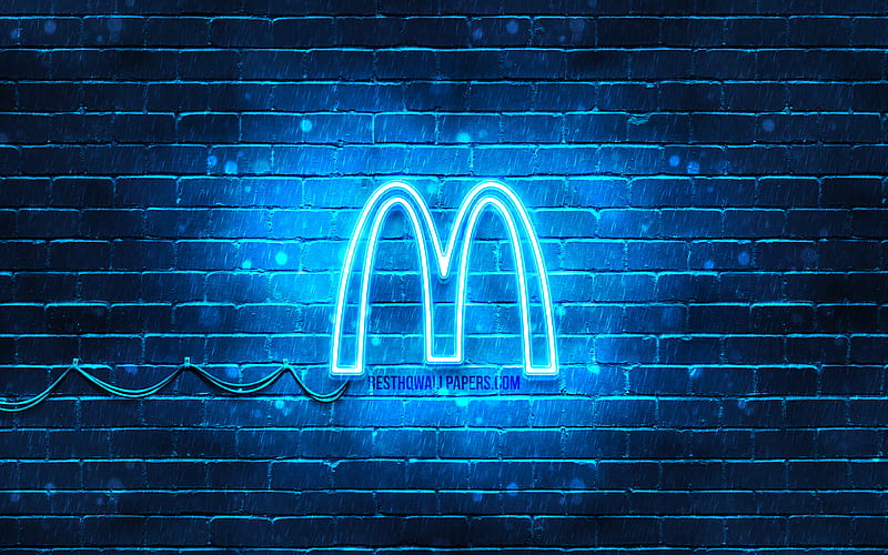 McDonalds blue logo blue brickwall, McDonalds logo, brands, McDonalds neon logo, McDonalds, HD wallpaper