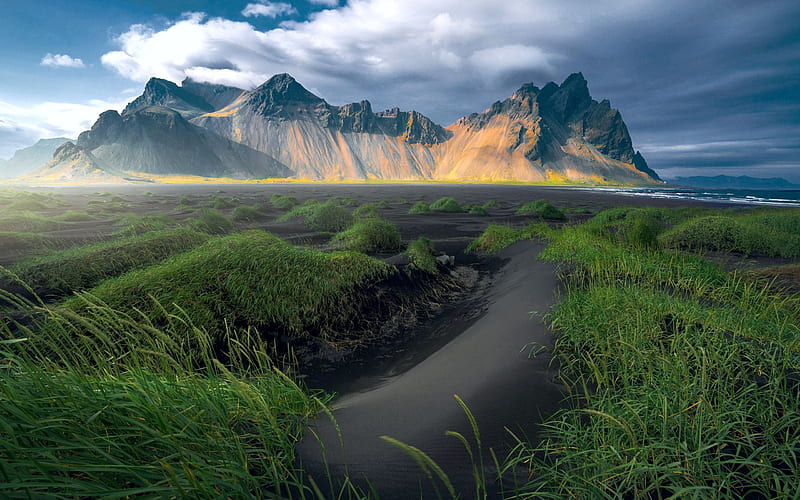 Stokksnes, Iceland, mountain, sky, landscape, nordic, clouds, HD wallpaper