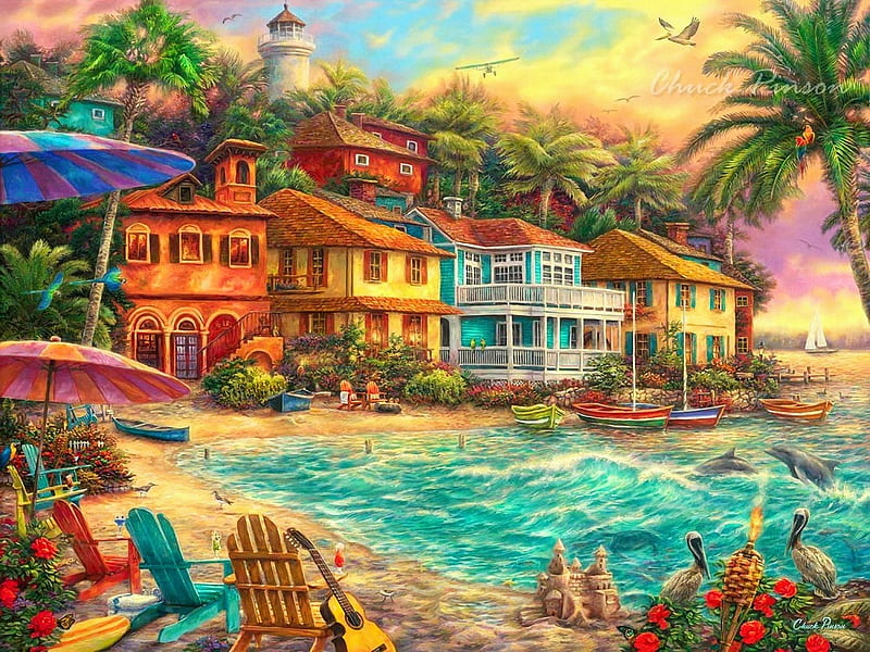 Island-Time, beach, houses, painting, village, chairs, artwork, sea, palms, HD wallpaper