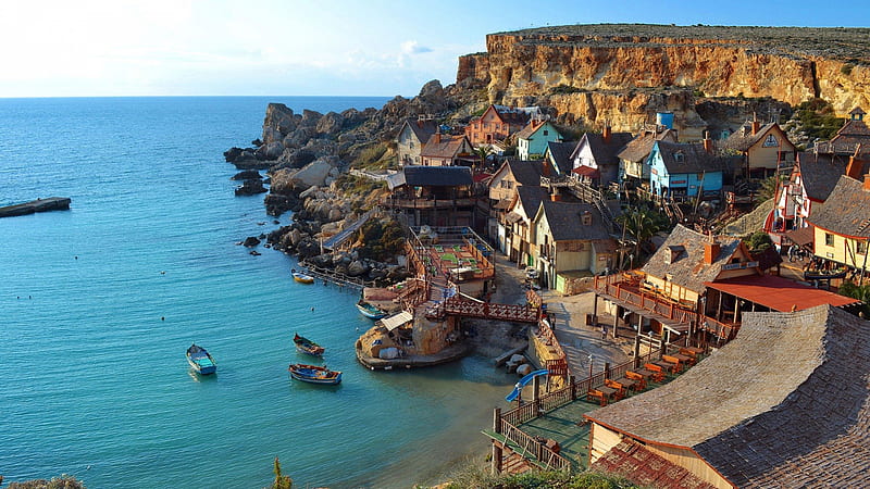 wondrous coastal village in malta, village, cliff, coast, harbor, HD wallpaper