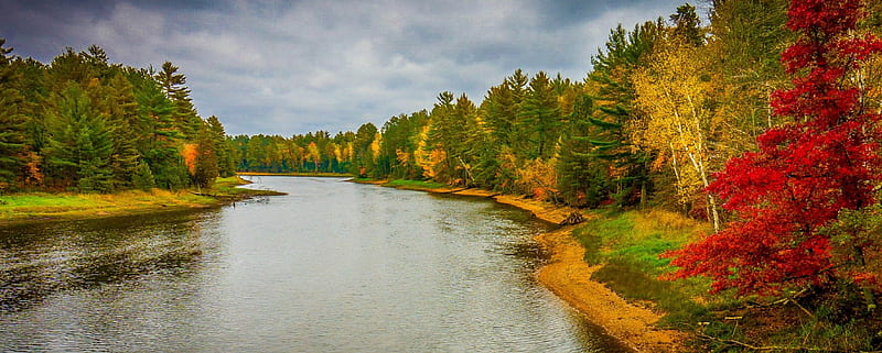 Autumn Along The Riverbank, Fall, riverbank, river bank, river, trees, clouds, Autumn, warter, HD wallpaper