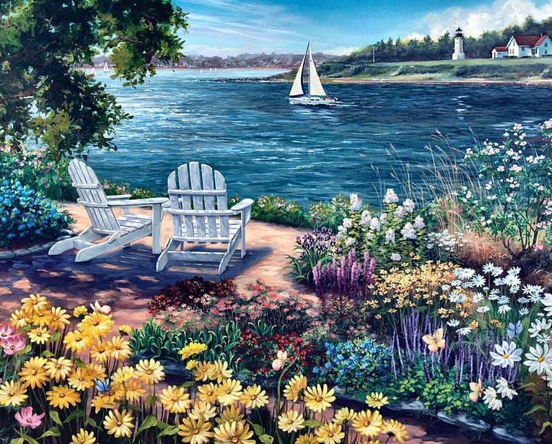 Garden by the Bay F1, art, sailing, illustration, artwork, beach, painting, wide screen, flowers, garden, scenery, sailboat, bay, Adirondack chairs, landscape, HD wallpaper