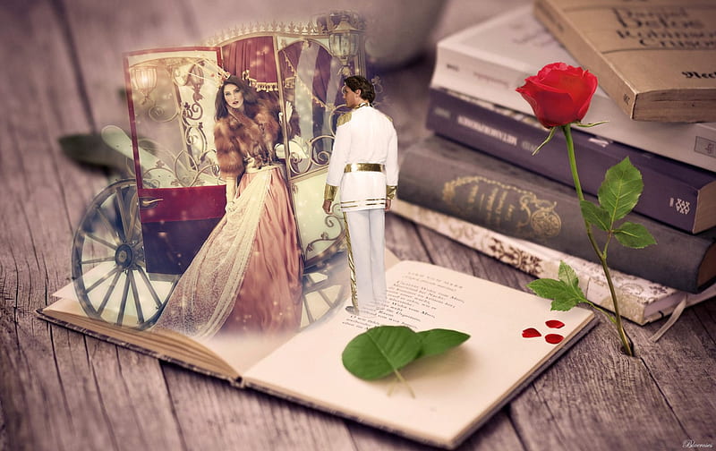 Imagine through a book..., red, world, rose, books, queen, book, novels, prince, fantasy, tales, dream, couple, vintage, text, romantic, poetry, stories, carriage, petals, HD wallpaper