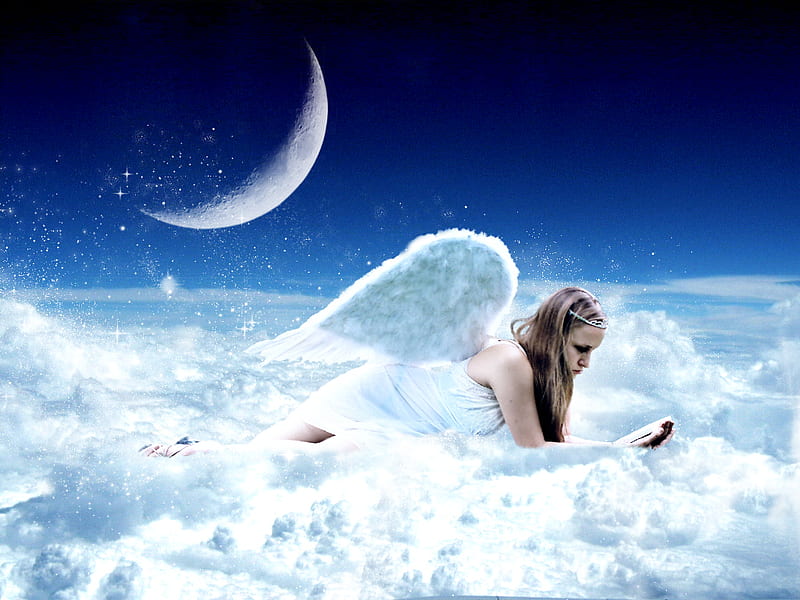 Angel on the clouds, fantasy, moon, wings, girl, heaven, clouds, HD ...