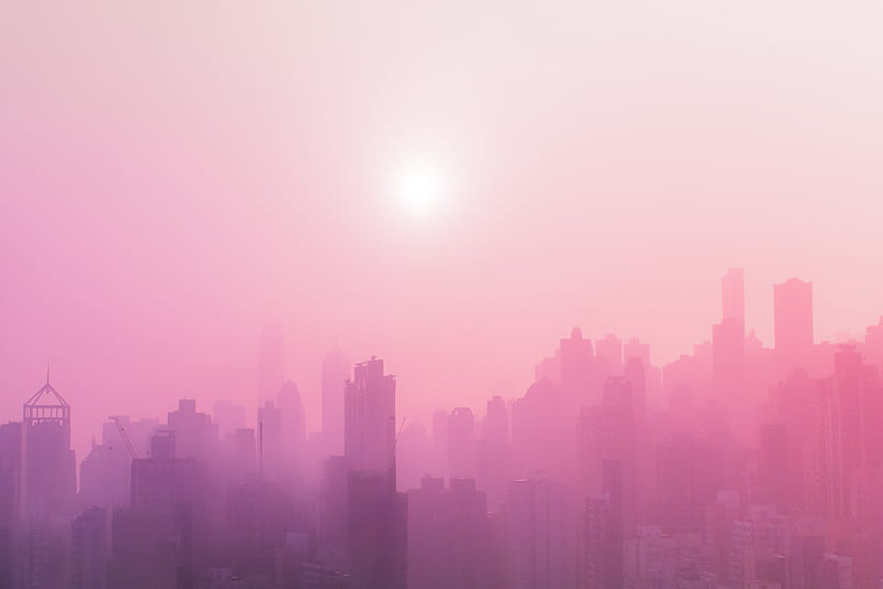 city, fog, sun, buildings, skyscrapers, cityscape, HD wallpaper