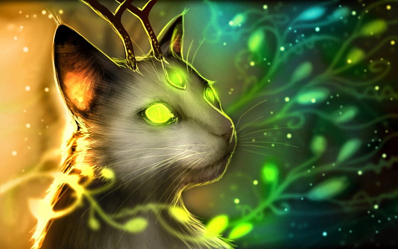 Horned Cat with Glowing Eyes, fantasy, horned, glowing, cat, eyes, HD wallpaper