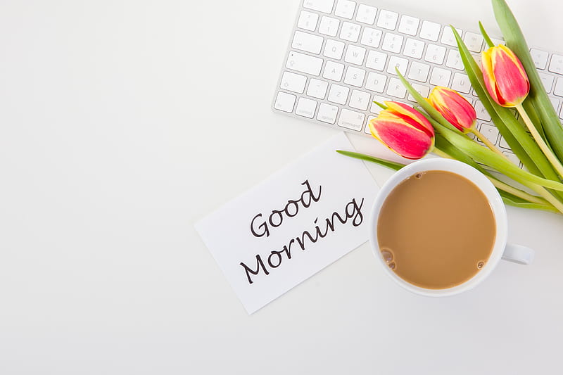 good, morning, inscription, phrase, coffee, tulips, keyboard, HD wallpaper