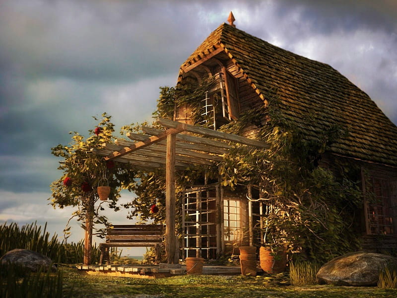 Old Country Cottage, veranda, house, clouds, wooden, landscape, HD wallpaper