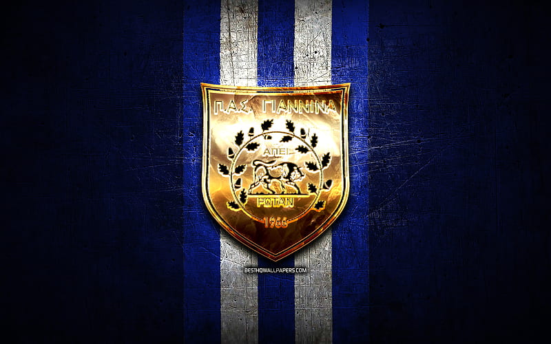 Giannina FC, golden logo, Super League Greece, blue metal background, football, PAS Giannina, greek football club, Giannina logo, soccer, Greece, HD wallpaper