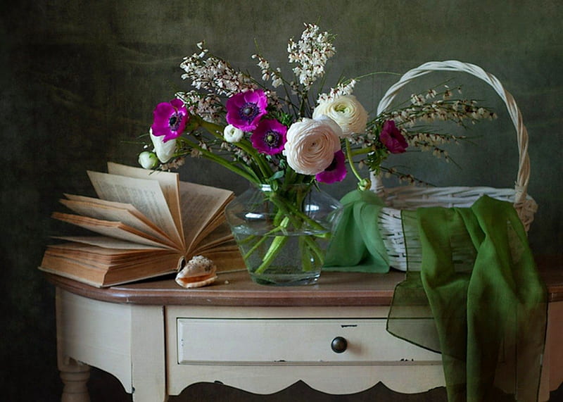 My old desk, book, vase, abstract, old, still life, purple, basket, flowers, desk, white, natural, wood, HD wallpaper