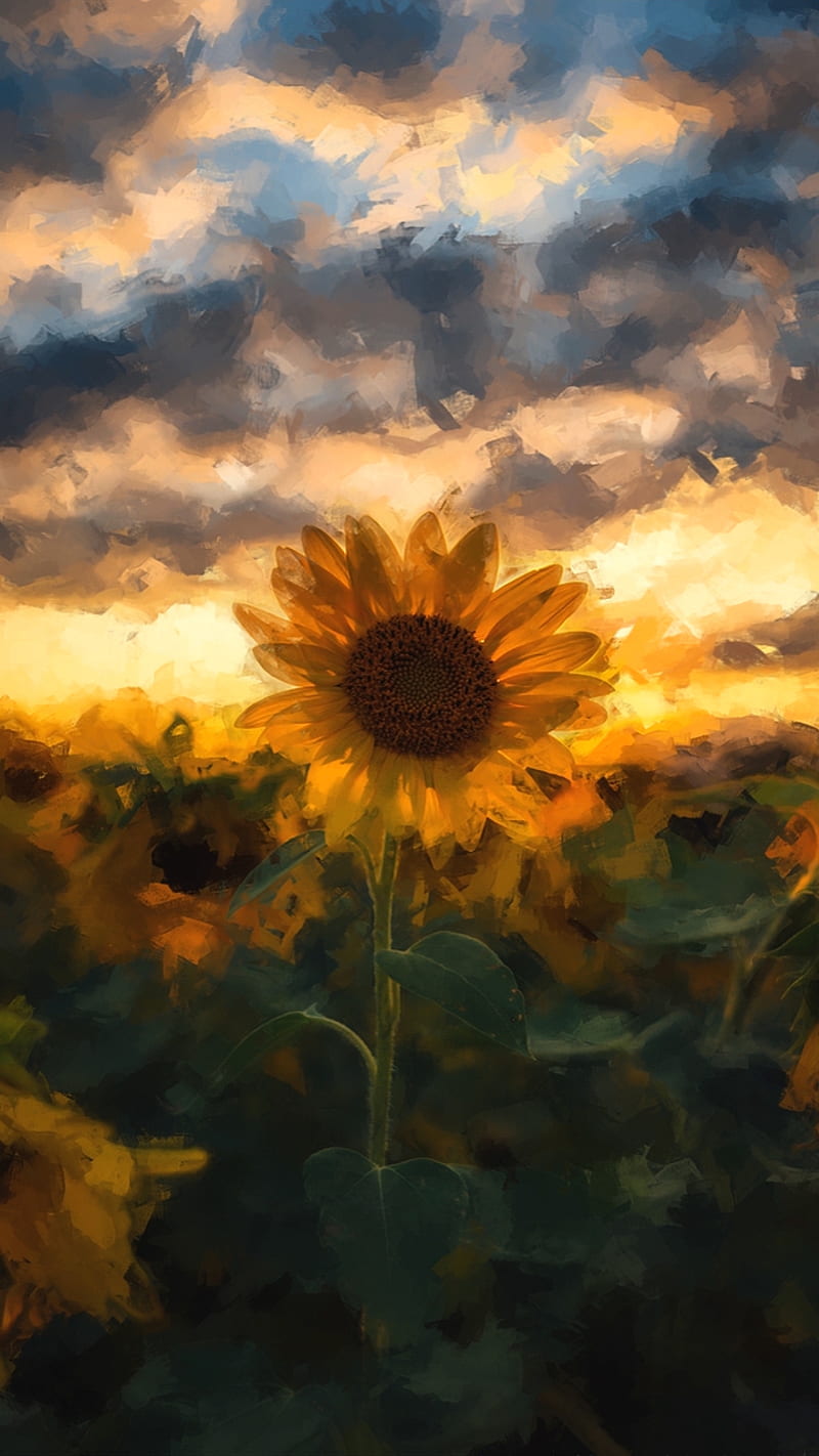 watercolor sunflower, AMAZING, bonito, brush, brushes, clouds, nature, paint, painting, sky, sun, sunset, yellow, HD phone wallpaper