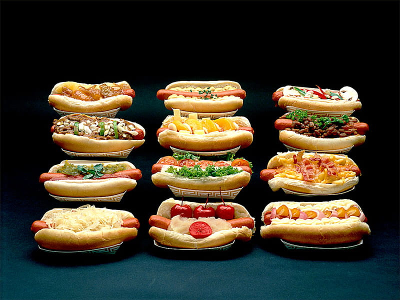 So Many Choices, rolls, buns, food, beans, mustard, pickles, hot dogs, bacon, cheese, franks, meat, HD wallpaper