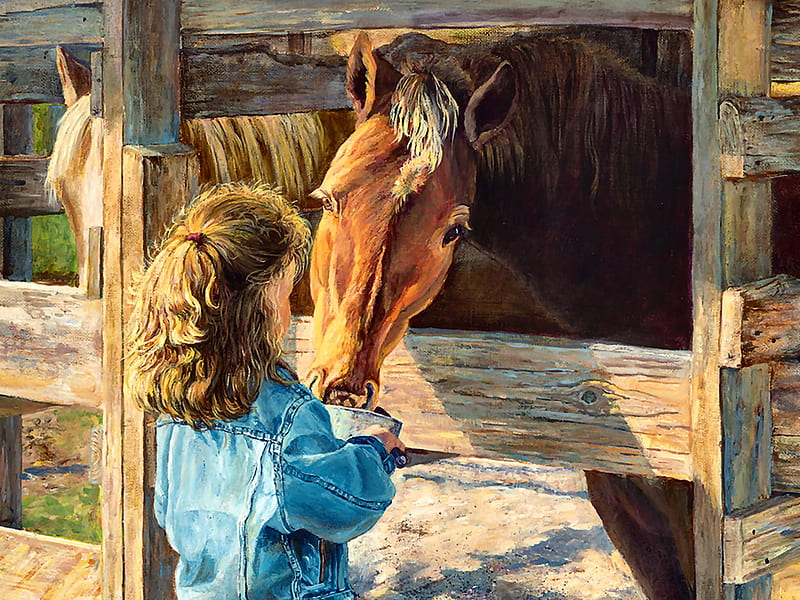 Morning Chores - Horse F, art, equine, bonito, horse, illustration, artwork, animal, little girl, painting, wide screen, HD wallpaper