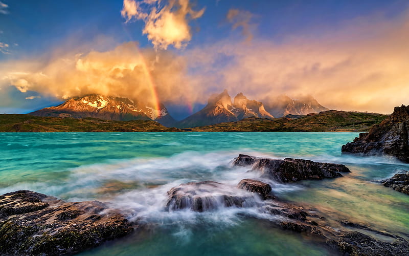 Andes, mountains, rainbow, sea, beautiful nature, South America, Andes Mountains, Andean Mountains, HD wallpaper