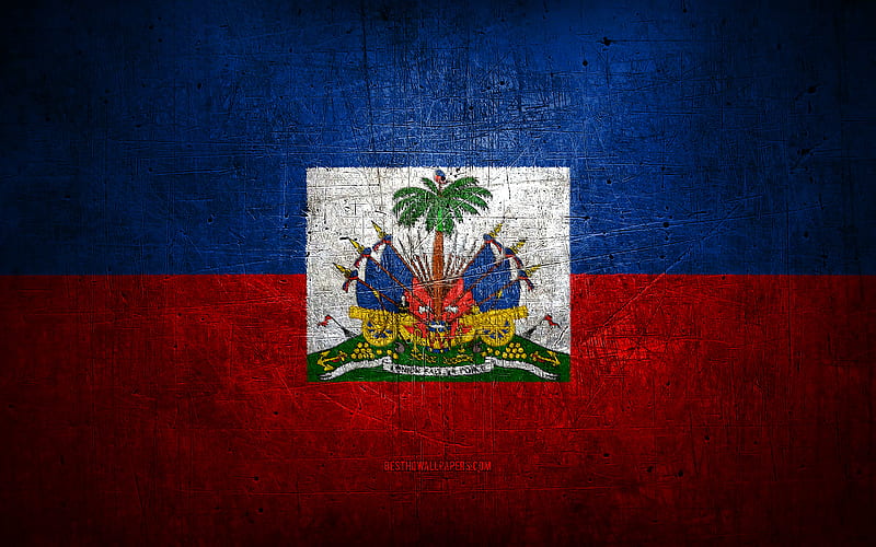 Haitian metal flag, grunge art, North American countries, Day of Haiti, national symbols, Haiti flag, metal flags, Flag of Haiti, North America, Haitian flag, Haiti, HD wallpaper