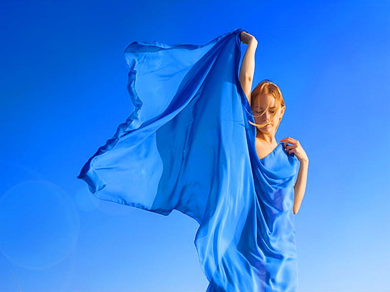 Sky, dress, wind, train of blue, blue sky, woman, HD wallpaper