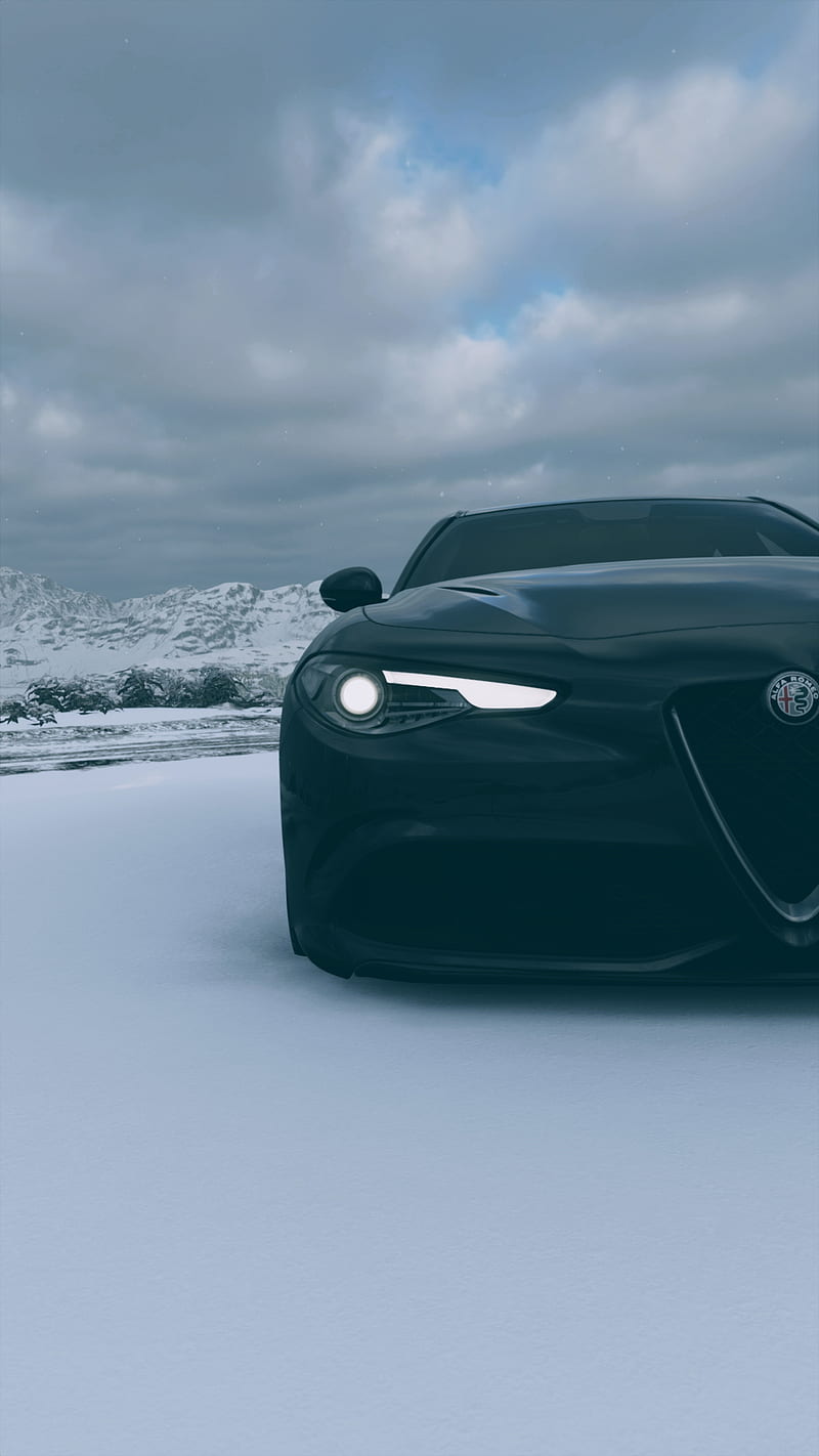 Alfa Romeo Giulia, alfa romeo, autos, blue, car, carros, motors, mountains, snow, HD phone wallpaper