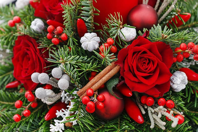 Christmas decoration, decoration, roses, christmas, flowers, beautiful, cinnamon, arrangement, fir, winter, HD wallpaper