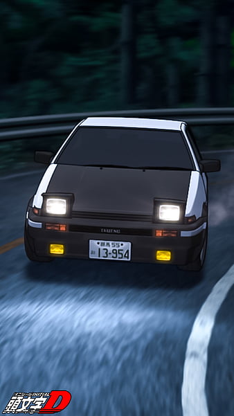 Anime image of initial d , takumi fujiwara is the pilot , toyota ae86 is  the car while drift a curve and tokyo is the background in the night