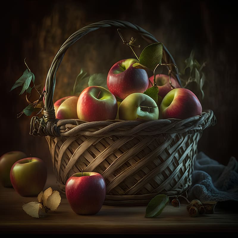 Still life with apples basket, Wicker, Ripe, Wood, Harvest, HD wallpaper