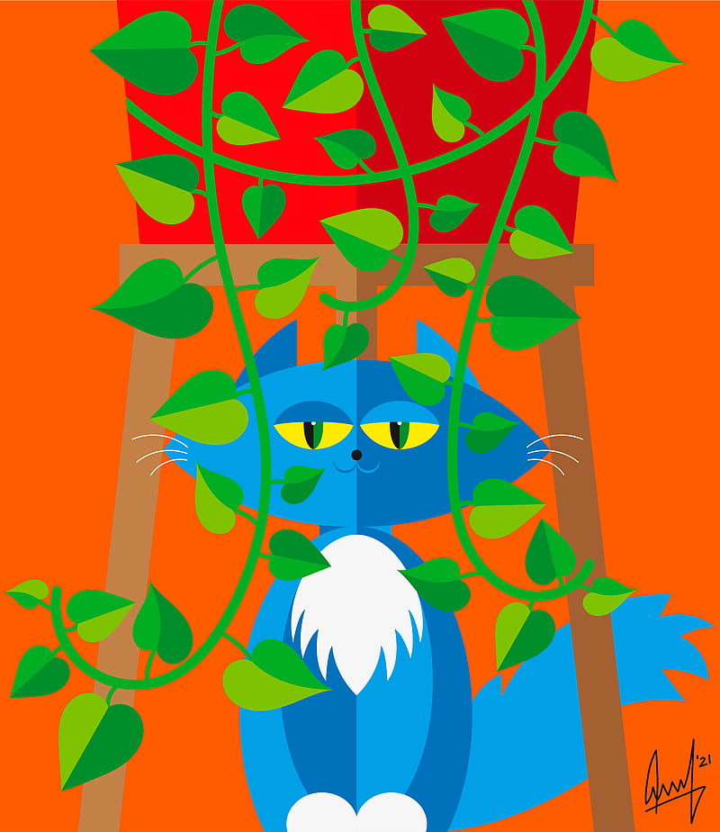 cat, pet, leaves, plant, vector, art, cartoon, bright, HD phone wallpaper