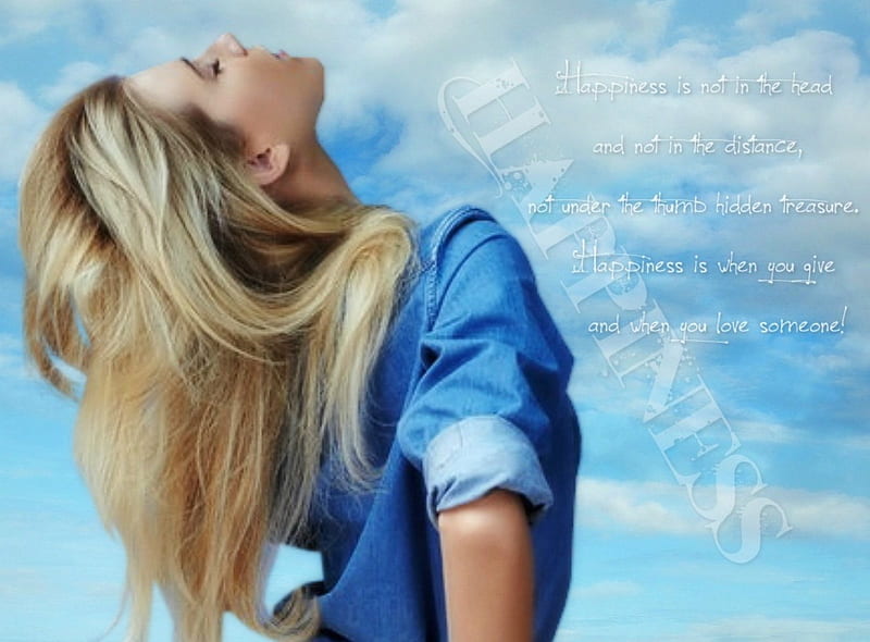 Happiness is..., Dree Hemingway, girl, words, color, Happiness, blue, HD wallpaper