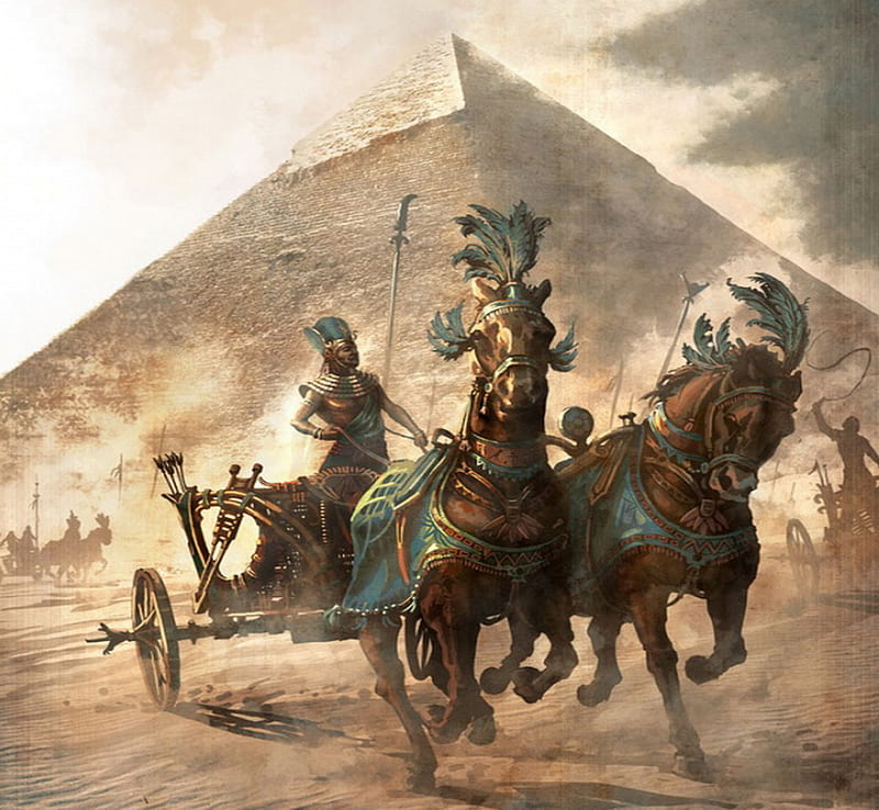 Chariot, fantasy, warrior, pyramid, abstract, horses, HD wallpaper