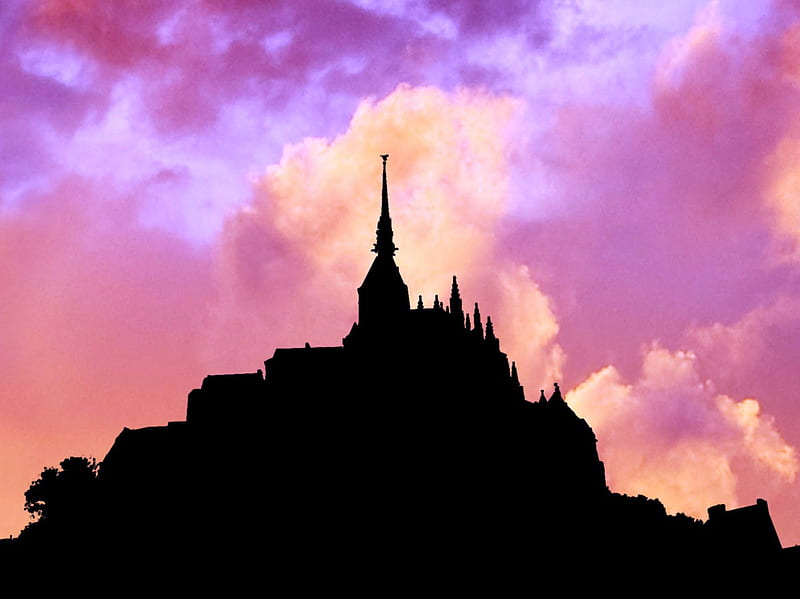 Mont saint Michel , steeple, church, silhouette, clouds, sky evening, HD wallpaper