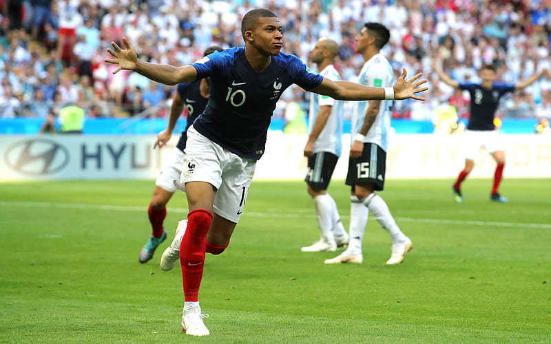 Kylian Mbappe, goal, match, France National Team, Mbappe, Russia 2018, soccer, footballers, French football team, HD wallpaper