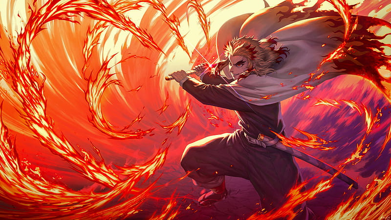 Kyojuro Rengoku Fire Background Demon Slayer Kimetsu No Yaiba Hd Wallpaper Peakpx