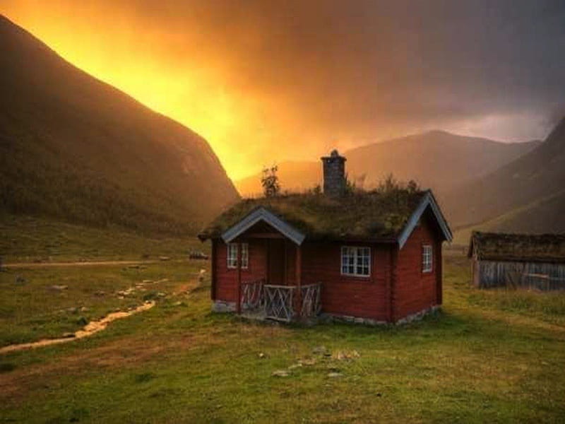 Tiny House in the Middle of Nowhere, isolated, little, home, sunset, land, HD wallpaper