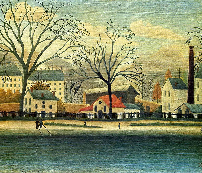 Henri Rousseau ~ Suburban Scene, red, art, house, view, naive, abstract, tree, suburban scene, painting, henri rousseau, HD wallpaper