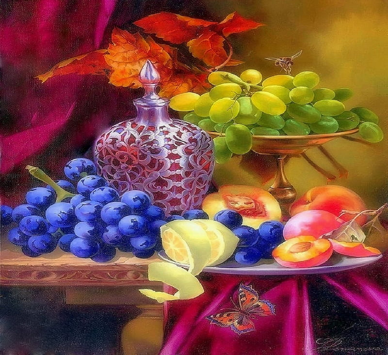 Prague Still-Life, pretty, colorful, draw and paint, fruits, charm, bonito, grapes, still life, paintings, flowers, bottles, butterfly designs, lovely still life, lovely, wine, colors, love four seasons, creative pre-made, tableclothes, nature, HD wallpaper