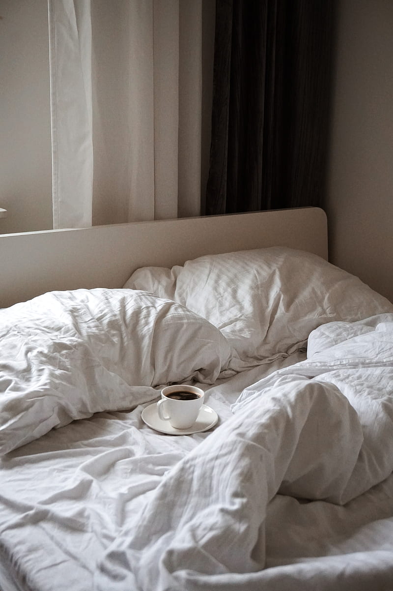 bed, coffee, cup, pillows, white, HD phone wallpaper