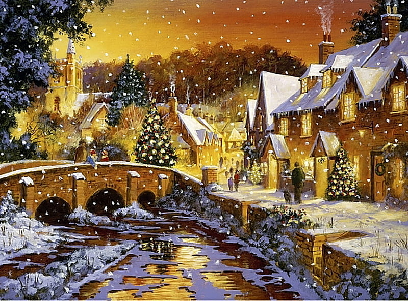 Christmas night, paint, canal, christmas, shine, bonito, holy, city, water, snow, bridge, night, HD wallpaper
